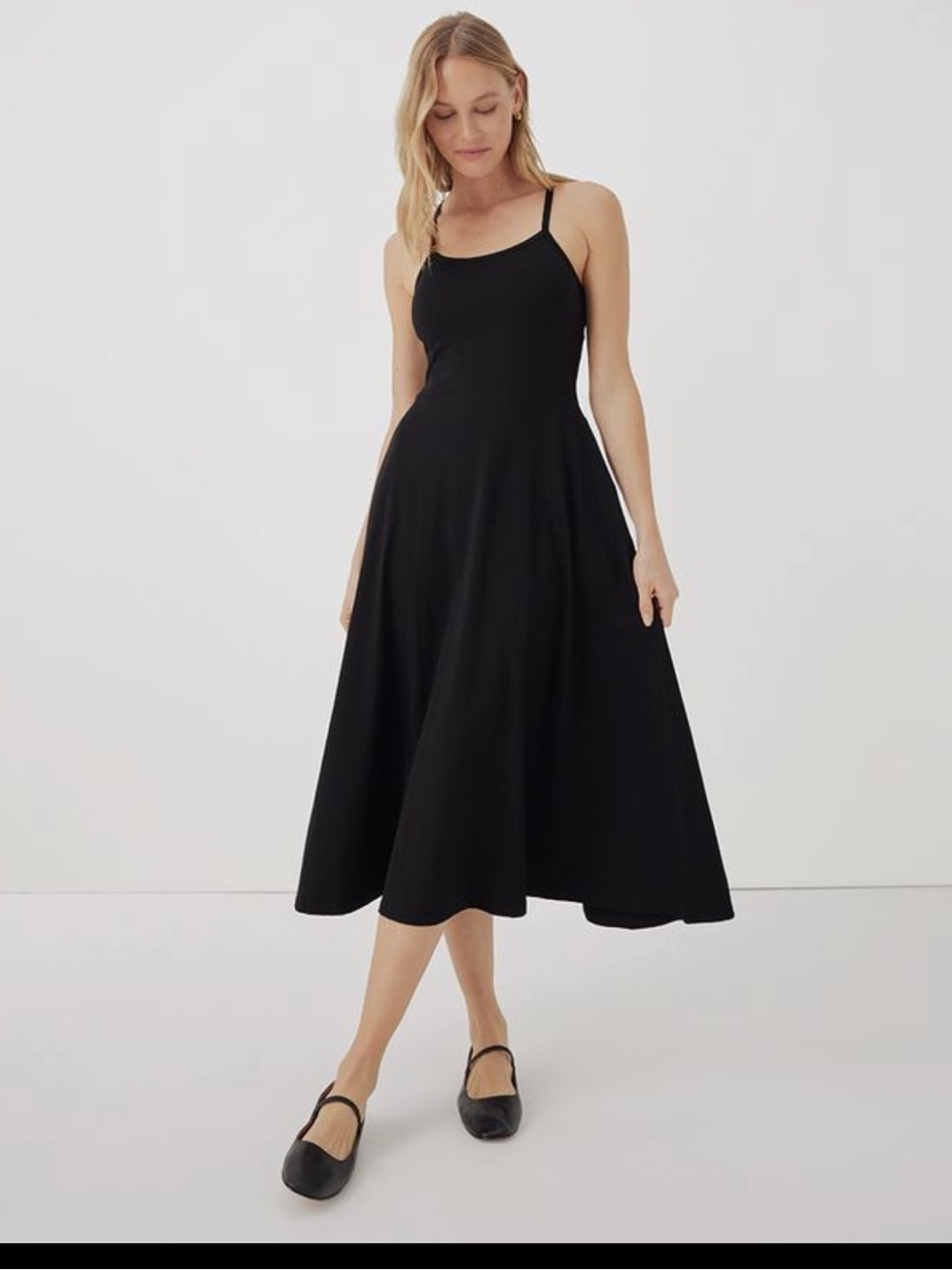 PACT Organic Cotton Fit & Flare Midi Dress Black M Pockets